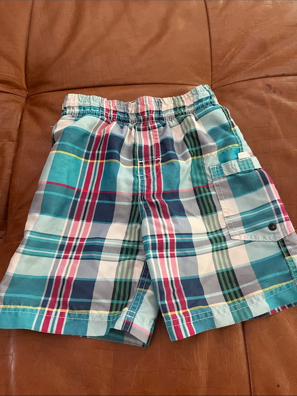 Kids Plaid Elastic-Waist Shorts in Teal and Pink